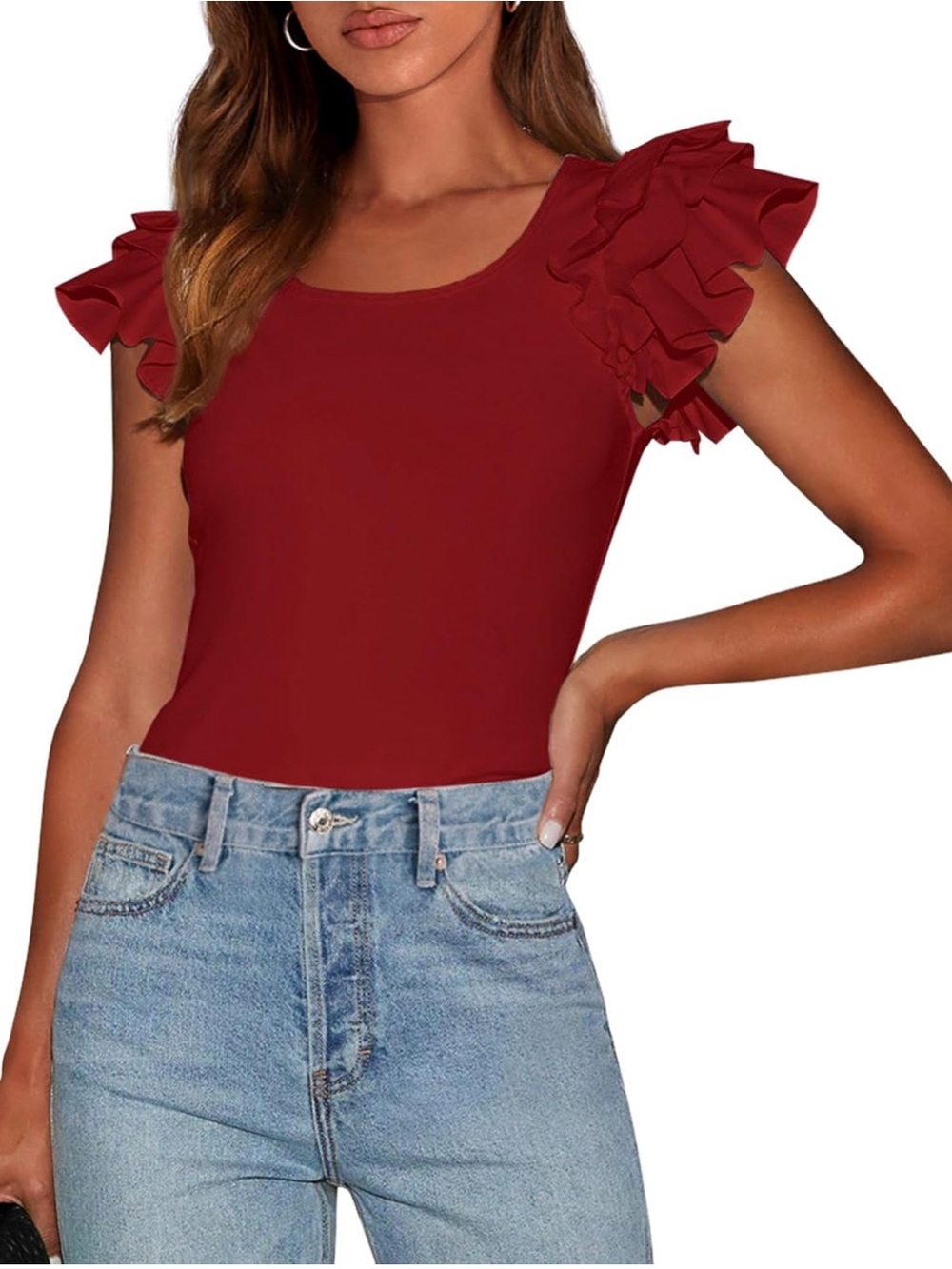 Ruffled Cap Sleeve Scoop Neck Top in Deep Red XL New without tags